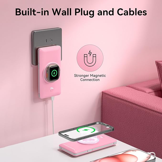 Magnetic 10000mAh Portable Charger for iWatch & iPhone, 22.5W USB C Fast Charging Wireless Power Bank Built-in Cables and Wall Plug, External Travel Battery Pack Compatible with iOS Android Devices