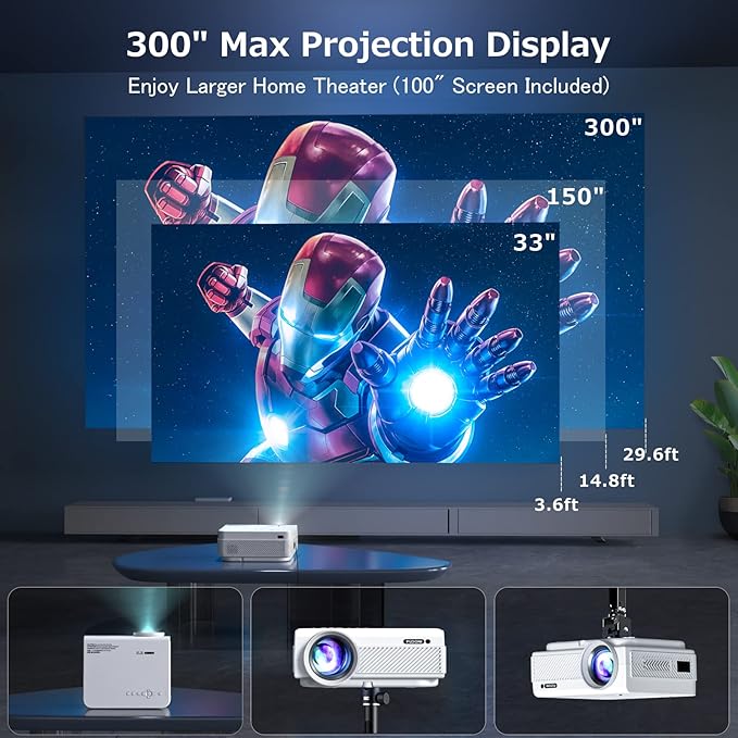 Projector with WiFi and Bluetooth, FUDONI 5G WiFi Native 1080P Outdoor Projector 15000L Support 4K, Portable Movie Projector with Screen and Max 300", for iOS/Android/Laptop/TV Stick/HDMI/USB/VGA/TF