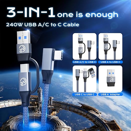 UseBean 20Gbps USB C 3.2 Gen 2 Cable Short 1FT 2Pack, 240W Right Angle USBC Cable with USB to USB C Adapter, 5K/4K Video Type-C Monitor Cord for iPhone 17/17 Air/17 Pro/17 Pro Max/16/15, MacBook