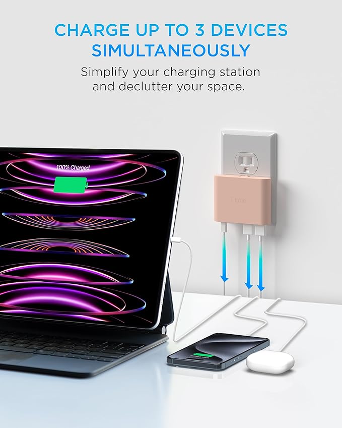 iHome 32W AC Pro Multi Port USB Wall Charger Block - Charging Station for Multiple Devices with 3 Ports (1 USB-C, 2 USB-A) - Fast Charging, Universal Compatibility (Pastel Pink)