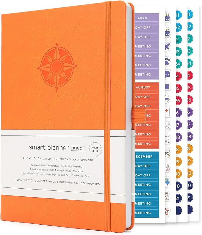 Smart Planner Pro – Medium 10 x 7 inches (B5) – Undated Agenda Daily Planner – Tested & Proven to Achieve Goals & Increase Productivity, Time Management & Happiness with Weekly, Monthly, Gratitude Sections, Back Pocket (Orange)