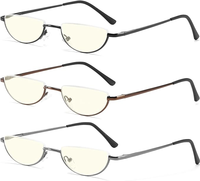 Half Lens Reading Glasses Blue Light Blocking, Half Moon Frame Semi Rim Spring Hinge Readers with Case for Men Women 3 Pack +4.0