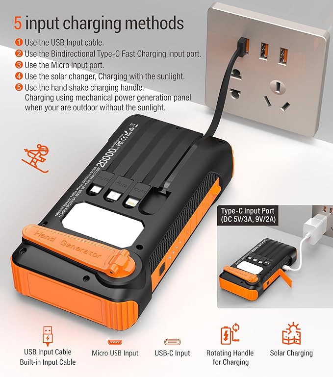 Solar Power Bank 20000mAh Built in Hand Crank and 4 Cables 22.5W Fast Charge Power Bank 5 Outputs & 5 Inputs Solar Portable Charger, SOS/Strobe/Strong Flashlights, Carabiner (Orange)