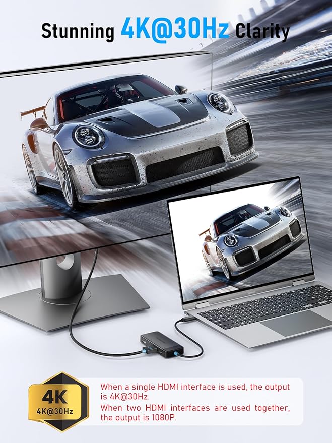 Lemorele Docking Station Dual Monitor, 6 in 1 USB C Hub Multiport Adapter w/2 HDMI 4K, 5Gbps USB3.0 & 2 USB2.0, 100W PD Charging - USB C Dock for Laptop Dell/Lenovo/HP/MacBook/Surface - Plug and Play