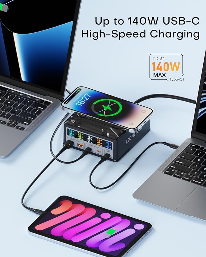 USB Charging Station,ASOMETECH 260W 5Ports Fast Charging Hub,140W PD3.1 USB C GaN Charger with LCD Display,Wireless Charger,Desktop Laptop Adapter for MacBook Pro/Air,iPad,iPhone,Samsung