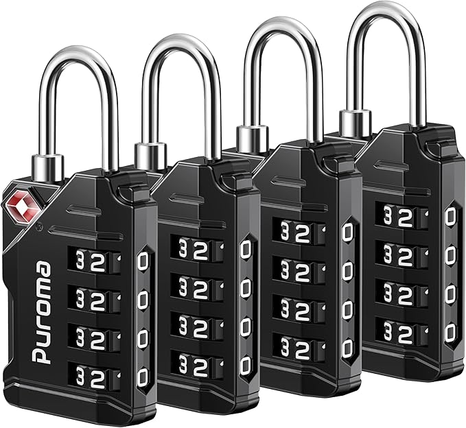 Puroma TSA Approved Travel Luggage Locks, 4 Pack Black 4 Digit Resettable Combination Code Lock with Zinc Alloy Body for Suitcase, Backpack, Laptop Bag, Gym Locker, Toolbox