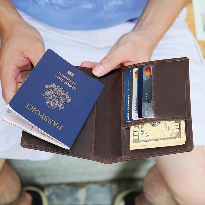 Polare Slim RFID Blocking Leather Passport Holder Travel Bifold Wallet For Men (Dark Brown with AirTag Slot-B)