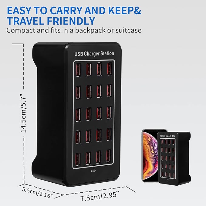 20-Port Desktop USB Charging Station - 100W Multi-Function Smart Charger for Smartphones, Tablets and More Devices