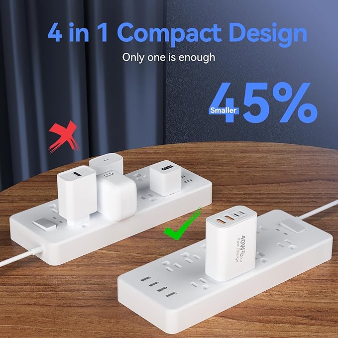 USB C Wall Fast Charger Block, 40W 4-Port Type C Chargers Fast Charging Blocks PD Power Charger Adapter+QC 3.0 USB Multiport Charger Brick for Phone 17/16/15/14/13/12 Pro Max, i-Pad, Galaxy S25-2Pack