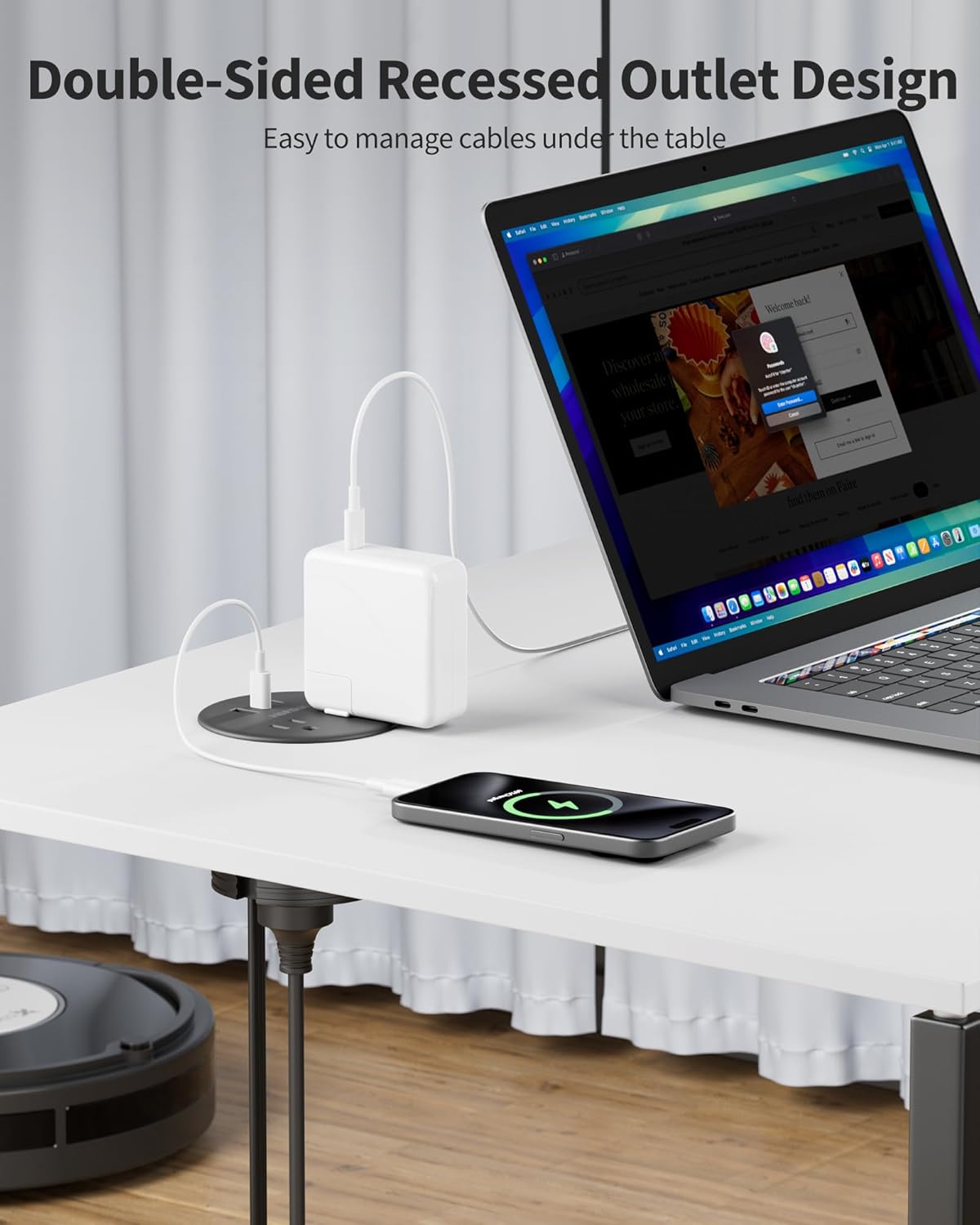 Recessed Desk Power Grommet with 4 AC Outlets 3 USB Ports (2USB C), Dual-Sided Flush Mount Outlet Charging Station for Desktop, Conference Room, Furniture Table, 6.5 FT Cord, Black