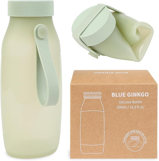 BLUE GINKGO Collapsible Water Bottle – Lightweight, Foldable Silicone Bottle for Travel, Hiking, and Camping (16.9oz, Made in Korea, Olive Green)