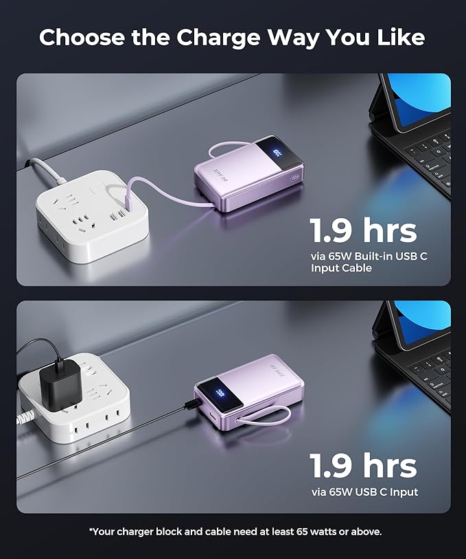 Portable Charger Power Bank - 30000mAh 65W Laptop Travel Essentials Battery Pack USB C Built in Cable Phone Fast Charging Compatible with iPhone 16 15 14 13 iPad MacBook Samsung Google (Purple)