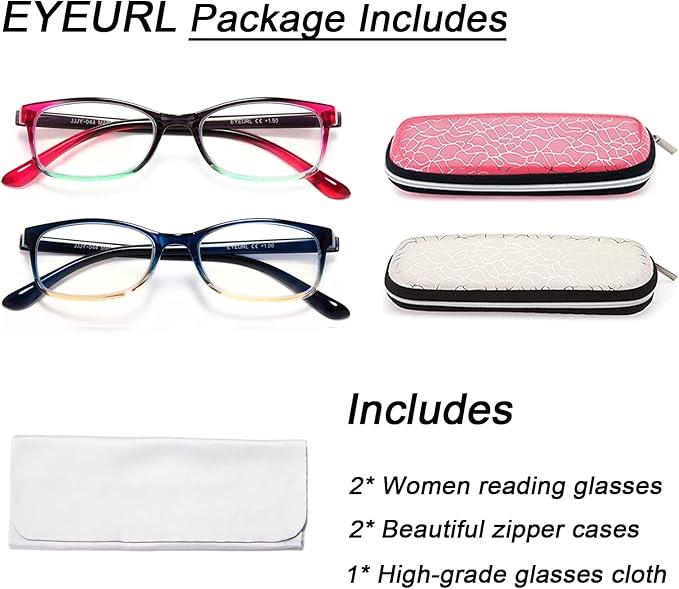 EYEURL Reading Glasses for Women, 2 Pack Blue Light Blocking Readers Lightweight Filter UV Ray/Glare Anti Eyestrain 2.75