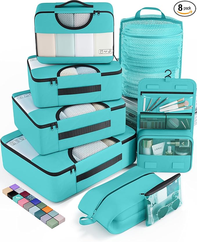 Veken 8 Set Packing Cubes for Kids & Toddler, Airplane Travel Essentials, Beach Vacation & Road Trip Suitcase Organizer Bags Set for Luggage, with Hanging Toiletry & Shoe Bag