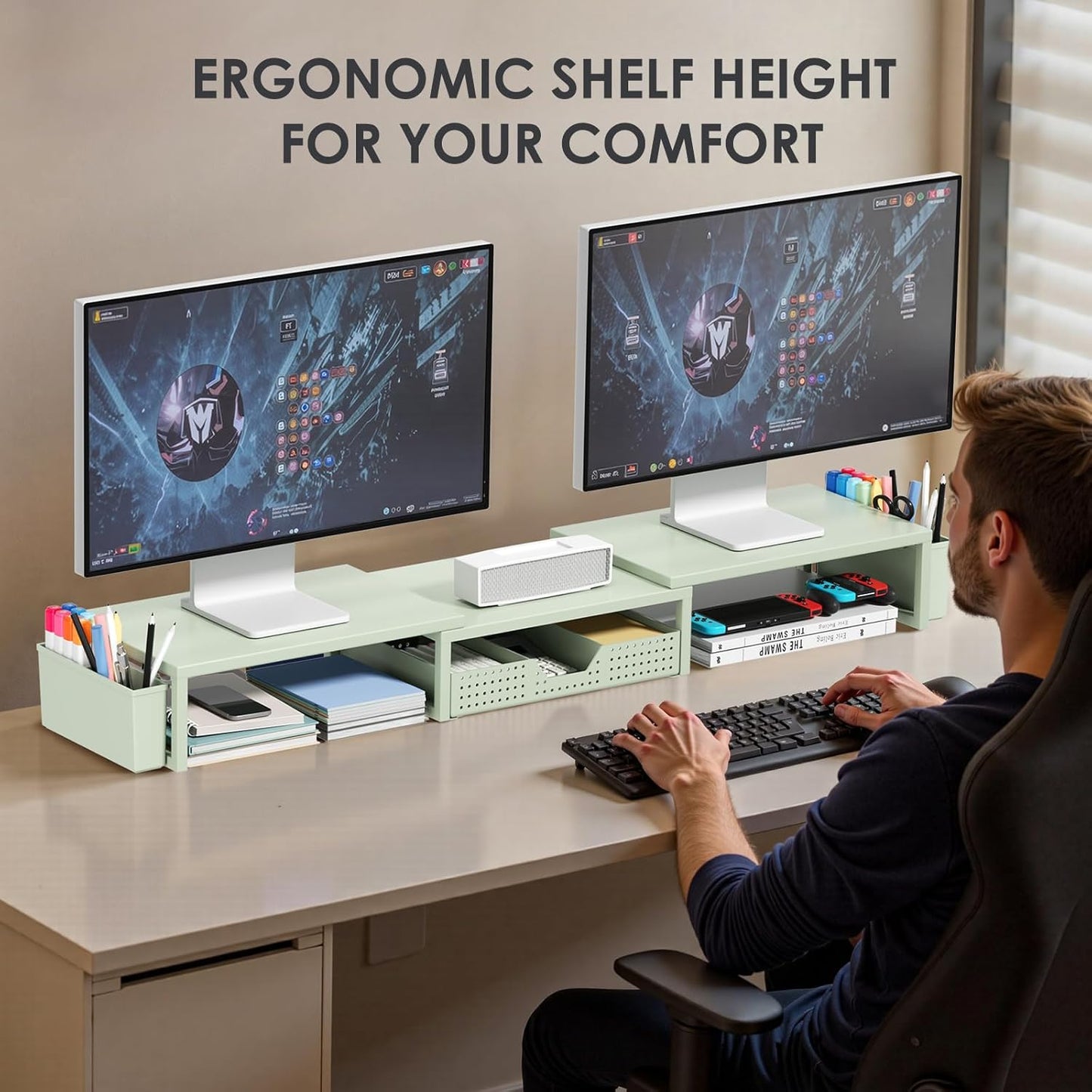 Desk Organizers and Accessories, Dual Monitor Stand Riser with Drawer and 2 Pen Holders, Desk Shelf Metal Computer Monitor Stand for Office Workspace Organizers, Desktop Organization (Green)