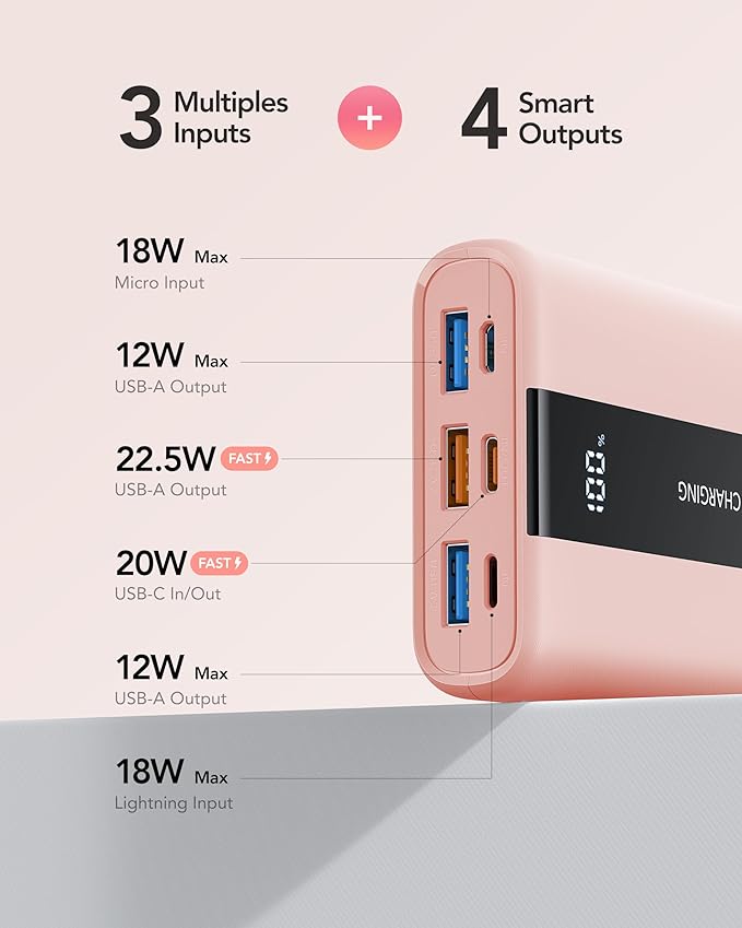 VRURC Portable Charger, 20000mAh Mini Power Bank,22.5W Fast Charging Battery Pack USB C, Small Travel Charging Bank with 4 Outputs Compatible iPhone 16 15 14 13,Samsung,Android,etc-Pink