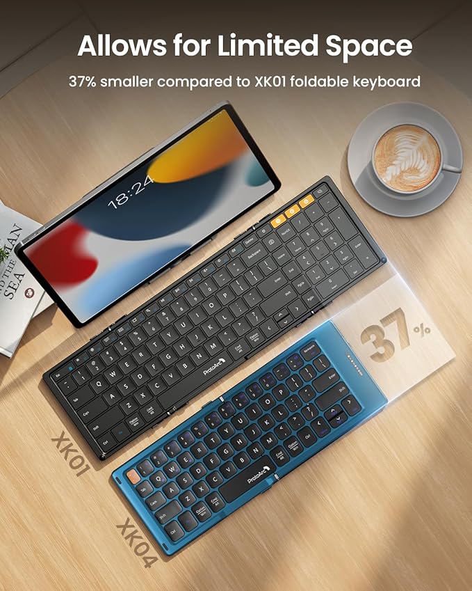 ProtoArc Foldable Compact Keyboard, XK04 Portable Bluetooth Keyboard with PU Leather Cover, Pocket-Sized Wireless Travel Keyboards for iPad, iPhone, Smartphone, Tablet and Laptop - Blue