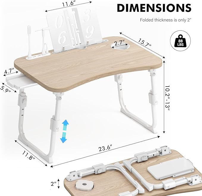 Lap Desk for Bed Adjustable Height, Foldable Bed Table with Storage Drawer, Tablet Slot & Cup Holder, Portable Laptop Stand for Bed & Sofa, Bed Desk for Adults & Kids, Glacier