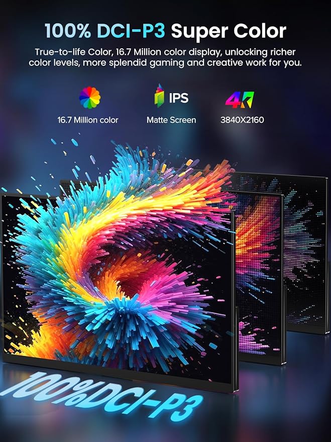 Newsoul 4K QLED Portable Monitor 120Hz Gaming Monitor, 100% DCI-P3 | 2000:1 Contrast | Fast IPS 0.1ms, Built-in Stand | VESA | Speaker, USB-C HDMI Portable Screen for Laptop, Phone, Game Console