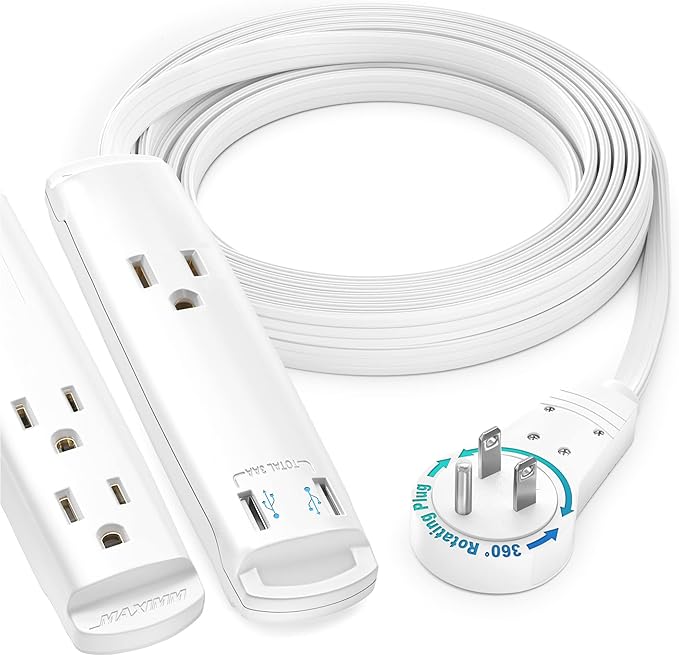 Extension Cord with USB Ports 12FT, 360° Rotating Flat Plug Extension Cord, 3-Outlet with USB Ports (2 Ports), 3 Prong Extension Cord, Grounded Extension Cord (White) UL Certified