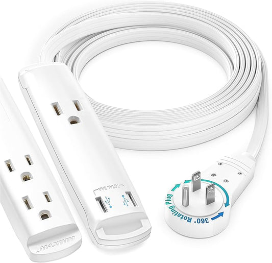 Extension Cord with USB Ports 10FT, 360° Rotating Flat Plug Extension Cord, 3-Outlet with USB Ports (2 Ports), 3 Prong Extension Cord, Grounded Extension Cord (White) UL Certified