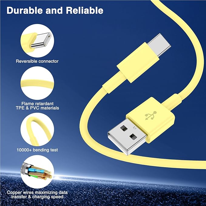 3-Pack Yellow [3.3FT+3.3FT+6FT] USB A to USB C Cable，USB to USB C Car Carplay Cable for iPhone Air 17 16e 16 15 Pro Plus Pro Max，for Galaxy S25, for iPad Pro/Air/mini, for MacBook Pro/Air and More