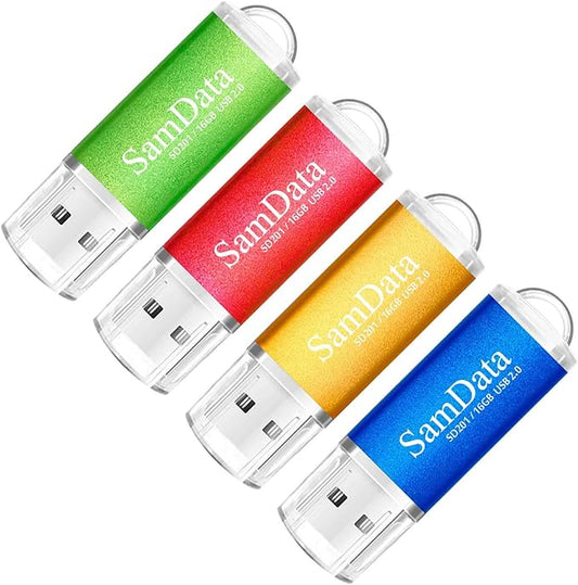 4 Pack 16GB USB 2.0 Flash Drive Thumb Drives Memory Stick, 4 Colors: Blue Green Gold Red