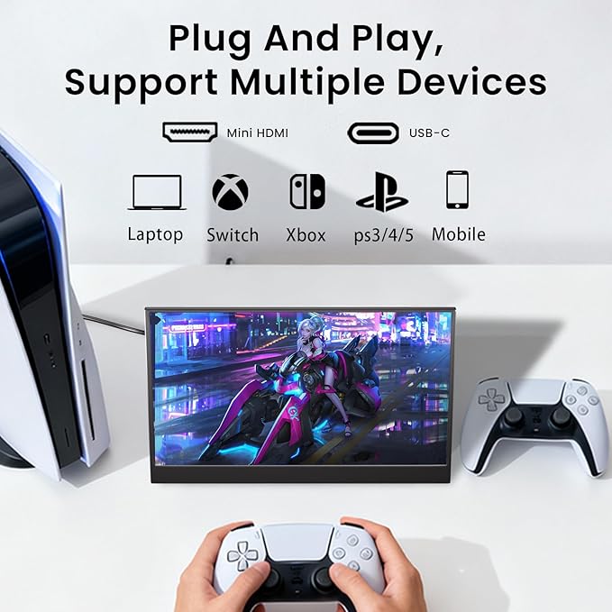 Portable Monitor for Laptop, 14" HDMI USB-C IPS External Screen, Built-in Dual Speakers Gaming for Laptop PC Display with Stand, Plug & Play,Lightweight Small Monitor for On-The-Go Use,Black