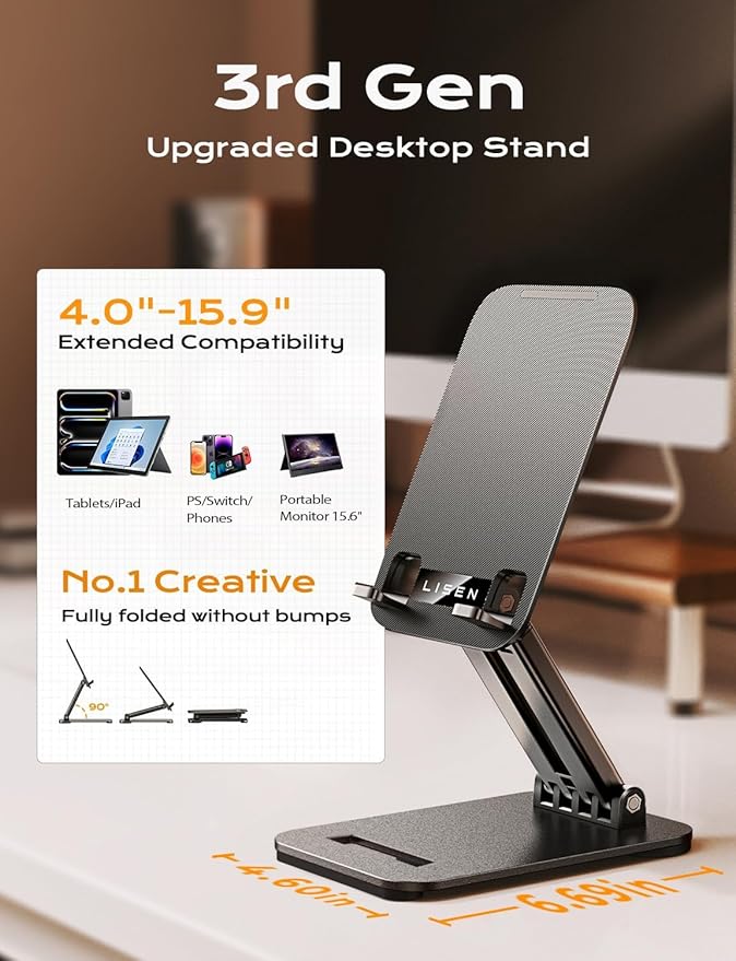 LISEN Tablet Stand for iPad Stand Holder Desk, Foldable Home Office Desk Accessories Travel for iPad Holder Dorm College Essentials Portable Monitor Fits Tabs Kindle iPhone 4-15.9" Black