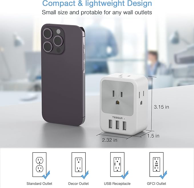 Multi Plug Outlet Splitter with USB, TESSAN 4 Electrical Outlet Extender Surge Protector with 3 USB Wall Charger Blocks, Multiple Plug Expander Box for Home Office Dorm Room Essentials