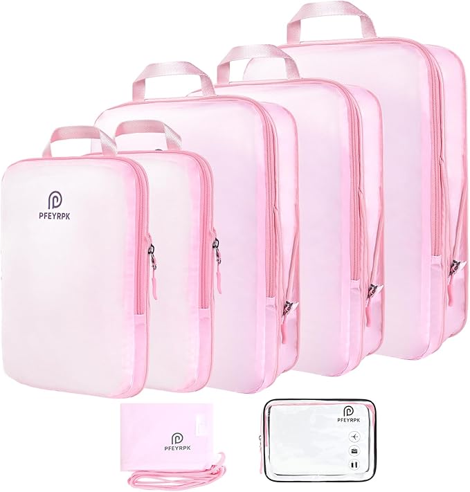 Lightweight Compression Packing Cubes for Suitcases, Compressible Expandable Travel Packing Organizer with Clear Toiletries and Backpack Bag, Travel Essentials for Carry on Luggage 7 Set