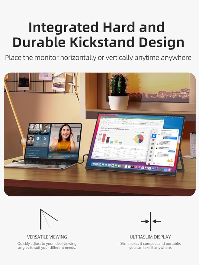 Portable Monitor 18.5 inch 120hz for Laptop, FHD 1080P Portable Gaming Monitor w/VESA Kickstand HDR Speakers USB C Mini HDMI for Phones PC Gaming Devices, Travel Second Screen for Business