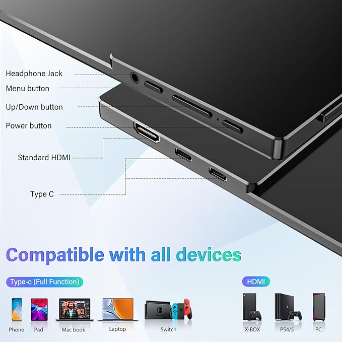 InnoView 15.6'' Portable Monitor for Laptop FHD 1080P USB-C Travel Monitors Built-in 90° Adjustable Stand Without Bag, HDR IPS Portable Laptop Monitor for MacBook PC Phone Xbox PS4/5 Switch