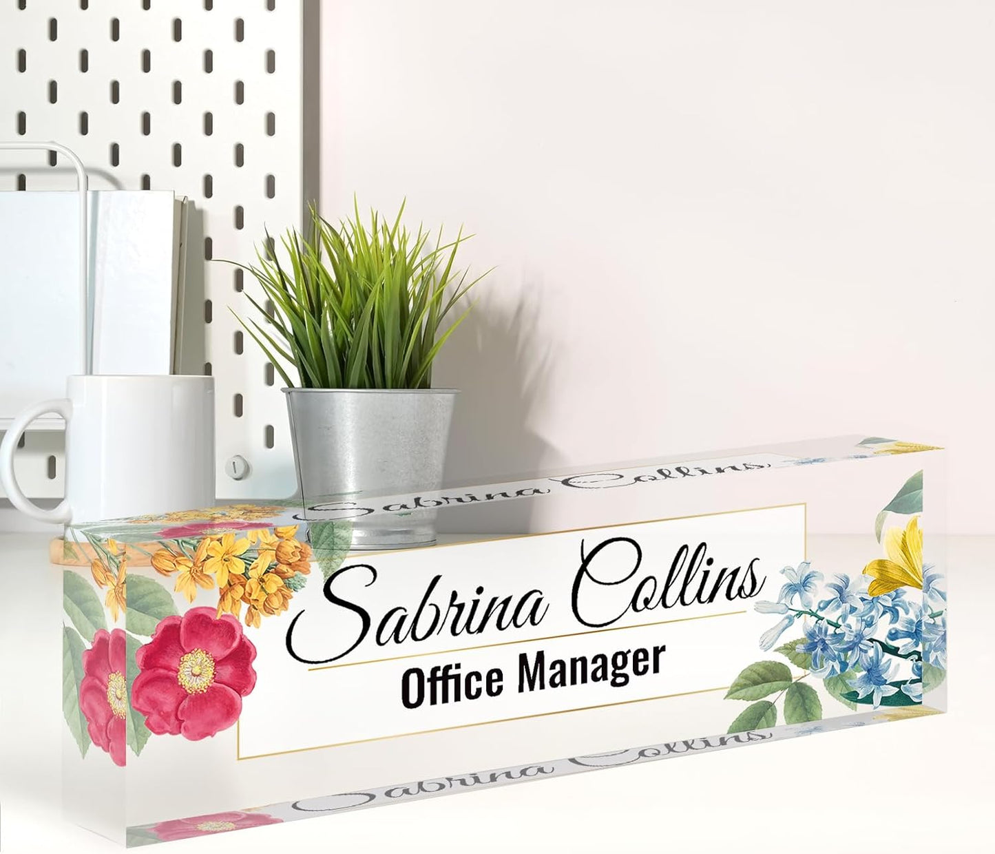 Name Plate for Desk, Desk Name Plate Personalized, Blue Office Decor for Women Men, Acrylic Desktop Accessories, Office Gifts for Boss Nurse Teacher Coworker, Employee Appreciation Gift (Flowers B)