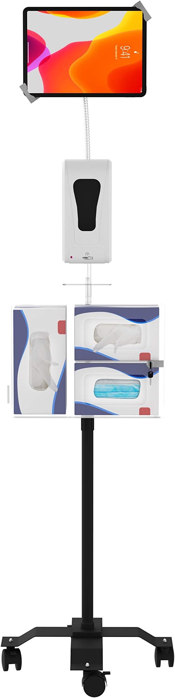 Compact Security Stand - CTA Secure Gooseneck Floor Stand with Sanitizing Station & Automatic Soap Dispenser for, iPad 7th/ 8th/ 9th Gen 10.2" & Other 7-13" Tablets (PAD-SCGSST)