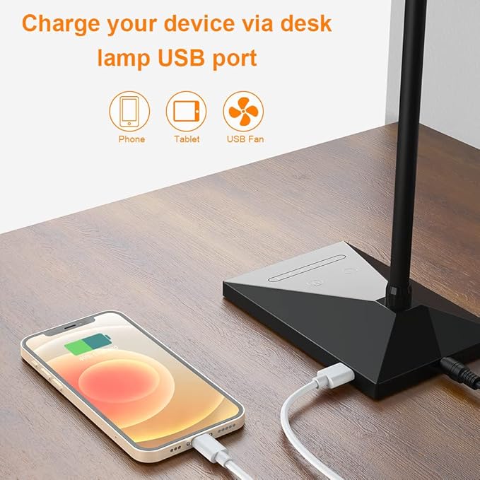 Vansuny LED Desk Lamp with USB Charging Port, Eye-Caring, 5 Color Modes,6 Brightness Levels, Touch Control, Flexible Gooseneck, Memory Function for Dorm Office Work Bedroom (12W,Black)