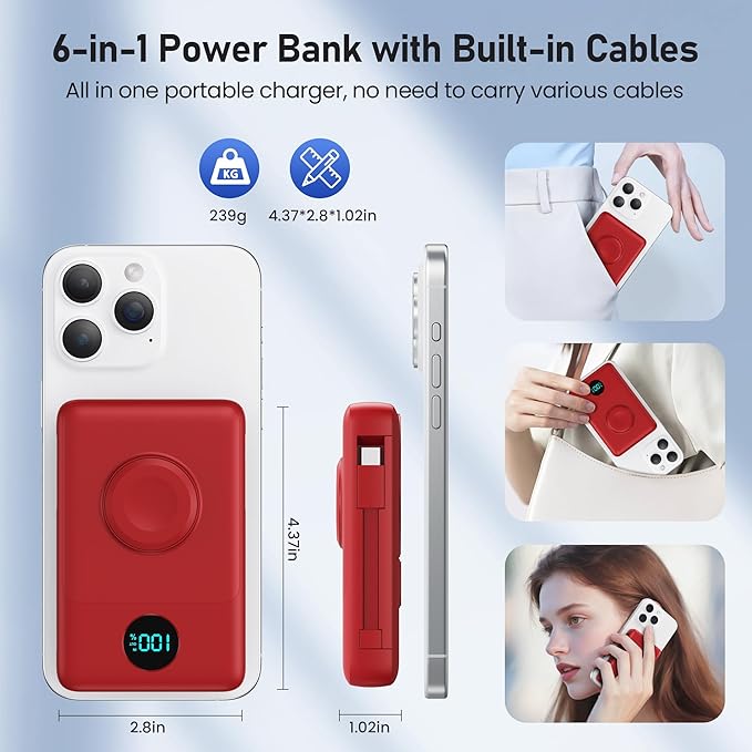 Magnetic Portable Charger for iPhone with Built-in Cables, 6-in-1 10800mAh Power Bank with iWatch Charger & LCD Display,25W Fast Charging Battery Pack for iPhone 16/15/14/13/12,Apple Watch (Red)