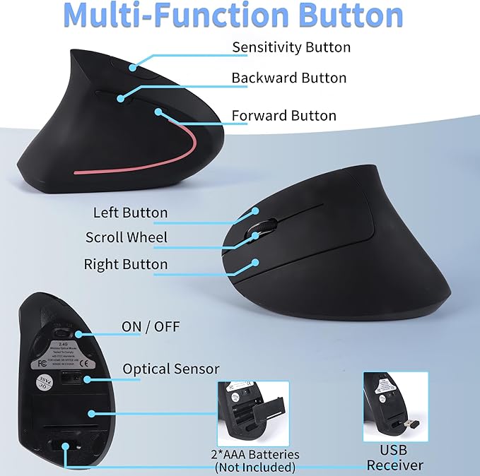 Ergonomic Mouse Wireless Left Handed Vertical Mouse with LED Light USB Receiver 6 Buttons Portable 2.4GHz Optical USB Wireless Mice for PC Laptop Desktop Computer Notebook Mac Adults Gifts, Black