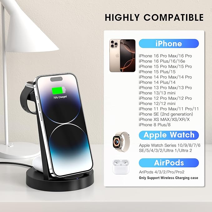 3 in 1 Charging Station for iPhone, Wireless Charger for iPhone 17 16e 16 15 14 13 12 11 X Pro Max & Apple Watch - Wireless Charging Station for AirPods 4 3 Pro