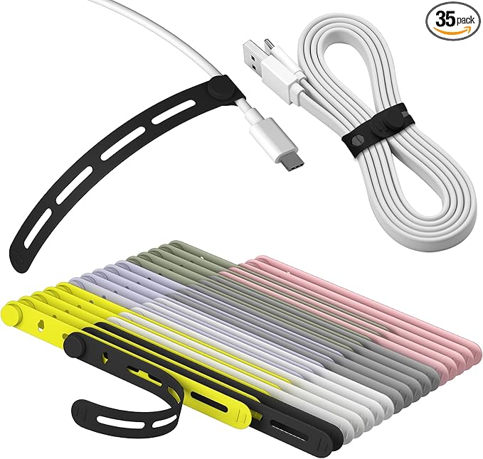 35Pcs Nearockle Silicone Cable Ties, 5.12 Inch Adjustable Cord Organizer Reusable Zip Ties for Charging Cords Earphone Computer Wire, Office Desk Cable Management Travel Accessories(Multi)