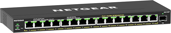 NETGEAR 16-Port PoE Gigabit Ethernet Easy Smart Managed Essentials Switch (GS316EP) - Managed, with 15 x PoE+ @ 180W, 1 x 1G SFP Port, Desktop or Wall Mount