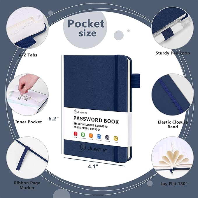 JUBTIC Password Book with Alphabetical Tabs Small Password Keeper with Inner Pocket Record Log in Internet Address Password Notebook Journal Hardcover Password Organizer for Home Office, Blue