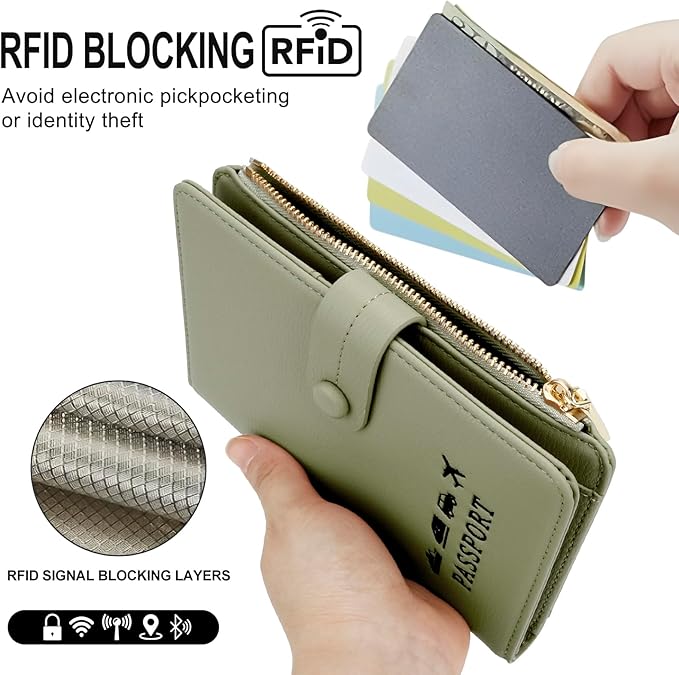 DOB SECHS Passport Holder Wallet for Women, Leather RFID Blocking Passport Cover Credit Cards Case Women Travel Accessories Organizer Pouch Bag with ID Window+Zippered Cash Pocket+SIM Slots, Green