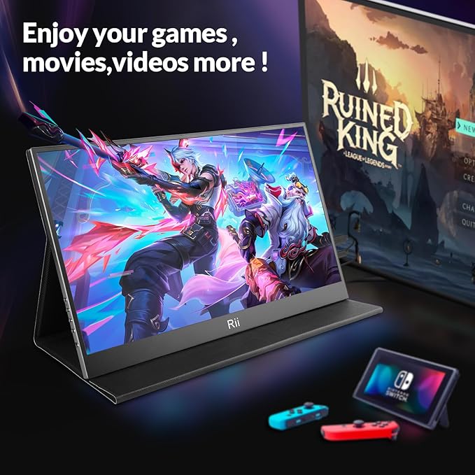 Rii Portable Monitor, 15.6” 1080P FHD USB-C HDMI, Ultra-Slim IPS HDR Display with Cover and Built-in Speaker, Travel Monitor for Laptop/PC/Phone/Mac/Xbox/Switch/PS4/PS5, VESA Mountable