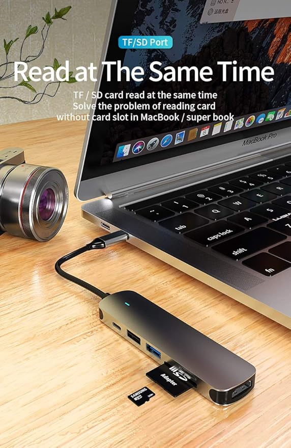 6-in-1 USB-C Hub with 4K@30Hz HDMI, Aluminum Alloy Shell - Multiport Adapter for MacBook, Laptop, and More