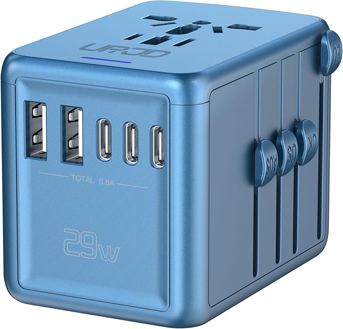 Universal Travel Adapter Offers 6.0A 3X 3.0A USB-C Ports, 2X 2.4A USB-A Ports and Multi AC Outlet, International Power Plug Adapter Worldwide Travel Charger for EU USA UK AUS (Blue)