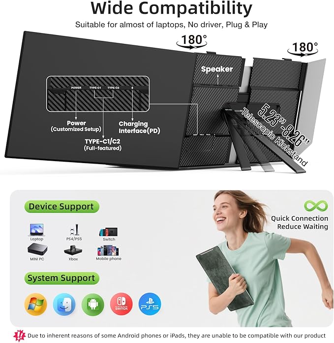 Laptop Screen Extender, Ultra-Thin 15.3" FHD 1200P 16:10 Portable Monitor for Laptop, Lightweight Travel Monitor Extender Plug & Play for 14"-17.3" Laptops, Compatible with Wins/Mac/Android/Chrome