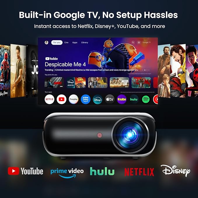 Official Licensed Google TV Smart Projector, HAPPRUN 4K UHD Home Theater with Dolby Sound, Wi-Fi & Bluetooth, Built-in Streaming Apps, Compatible with Games Consoles & Smartphone, Indoor & Outdoor Use