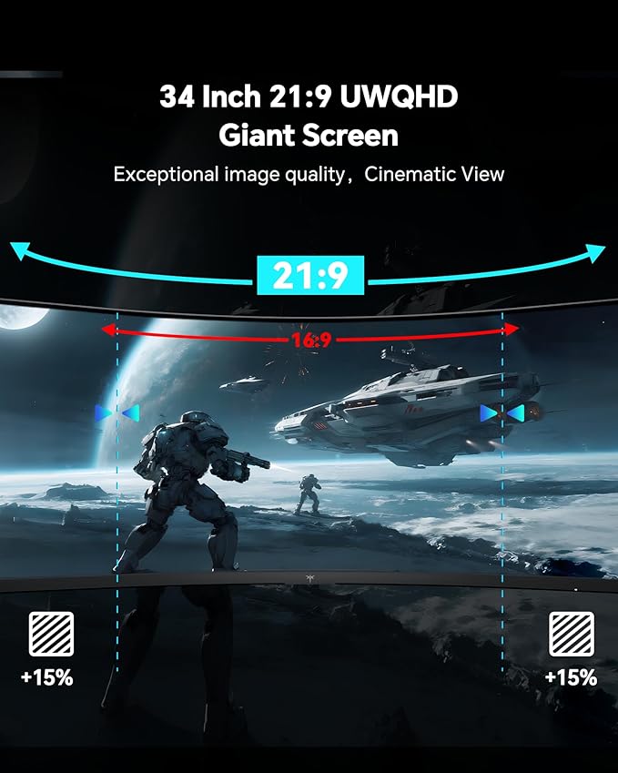 KTC 34 Inch UWQHD Curved Gaming Monitor, 3440x1440 Ultrawide PC Monitor 1500R, 180Hz 21:9 Display, Adaptive Sync, 1ms MPRT, 4000:1 Contrast, Tilt/Swivel/Pivot/Height Adjustment, HDMI2.0 & DP1.4,H34S5