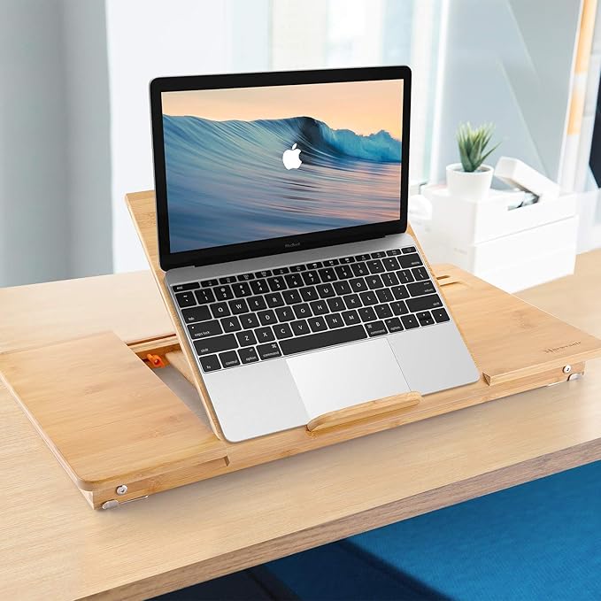 Laptop Desk Nnewvante Bamboo Laptop Table Adjustable Lap Tray Bed Serving Tray Breakfast Table Foldable Coffee Tea Table 7 Tilting Top Angles 4 Latches Large Size 27.95" x 13.8"
